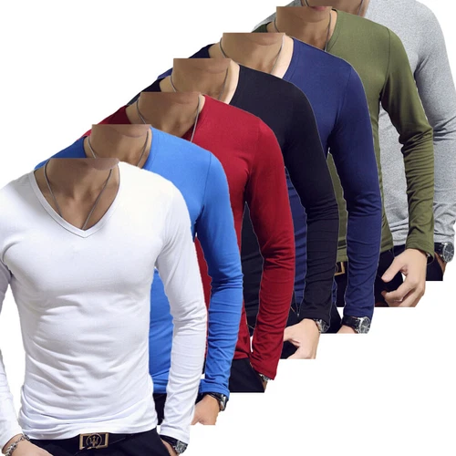 Mens Long Sleeve V-Neck T-shirt Stretch Undershirt Casual Solid Slim Fit Tops