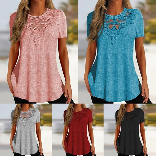 Women Short Sleeve Blouse Tunic Tops Floral Lace Loose Pullover T-Shirt Tees Top