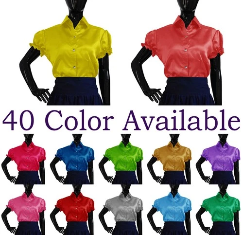 Women Satin Classic Short Sleeve Shirt Button Down Blouse Elegant Work Wear Top