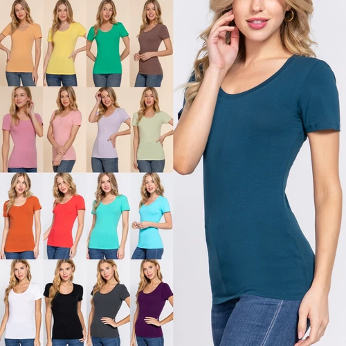 Women's Basic Scoop Neck T Shirt Short Sleeve Solid Plain Cotton Knit Fitted Top