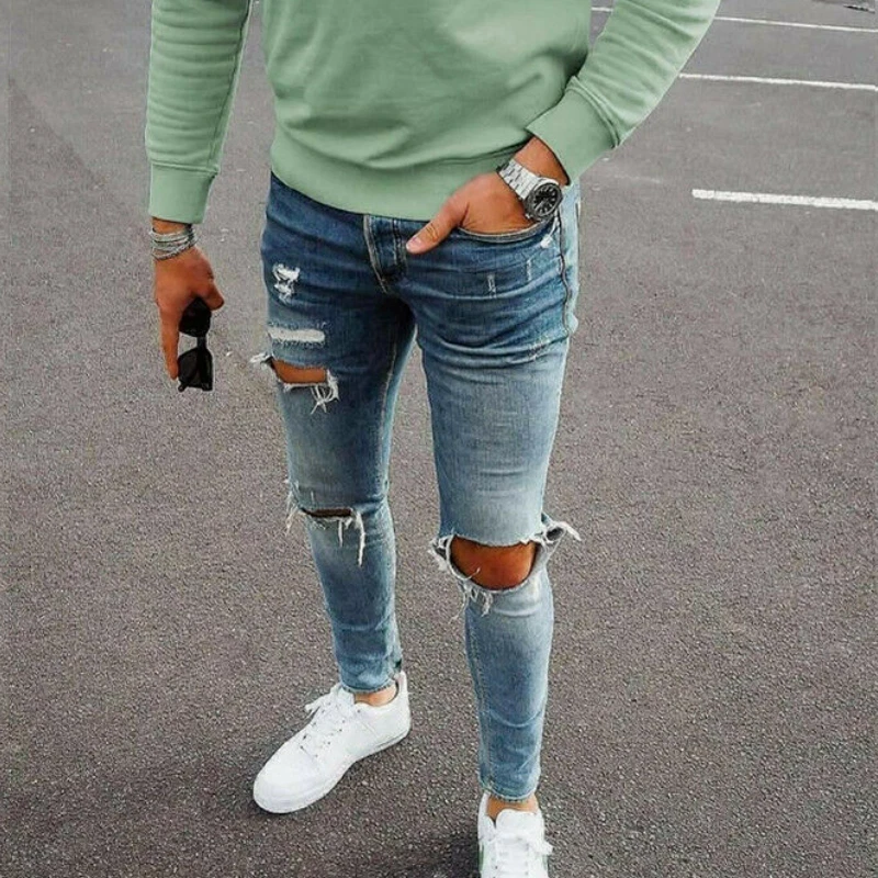 Mens Ripped Distressed Skinny Jeans Denim Pants Casual Stretch Slim Fit Trousers