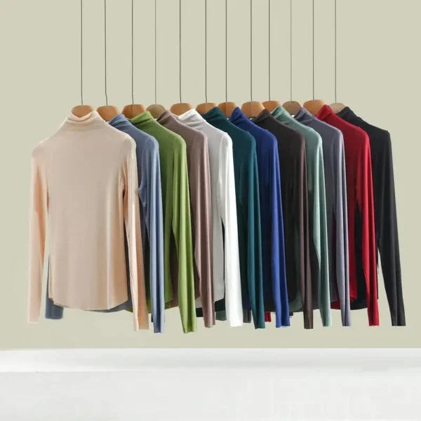 Womens Pure Mulberry Silk Knitted High Neck T Shirt Undershirt Long Sleeve Top