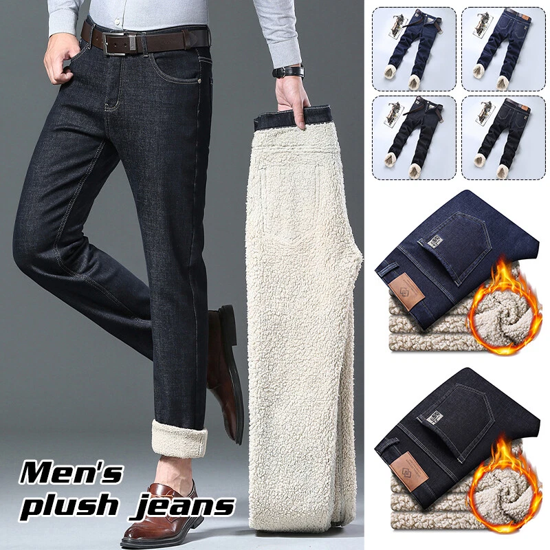 Mens Jeans Denim Thick Faux Fleece Pants Warm Thermal Trousers Slim Stretch